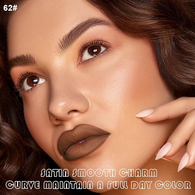 2Pcs Caramel Brown Matte Lip Liner and Lipstick Makeup Set, Matt nude brown Lip Stain Lip Gloss Matt Liquid Lipstick 24H Long Lasting lapiz labiales mate 24 horas originales larga duracion (62#)