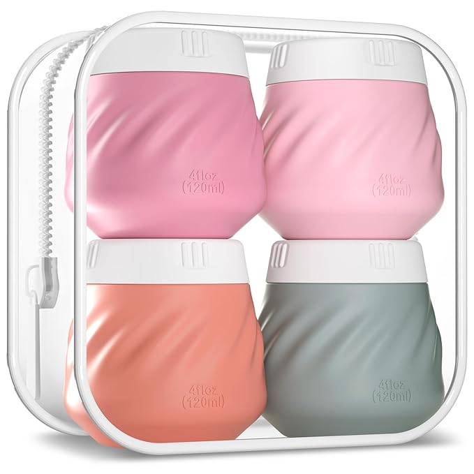 Gemice 4 OZ Travel Size Containers for Toiletries, 4-Pack Leak-Proof Silicone Slime Jars with Lids, BPA Free Small Round Cosmetic Slime Container for Lotion, Cream, Ointments, Travel Essentials