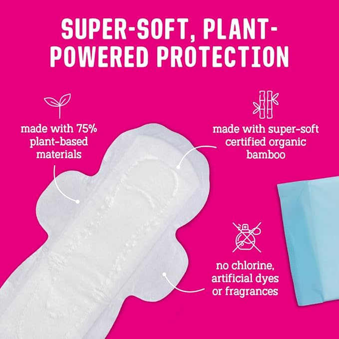 Flo Bamboo Night Period Pads with Wings (80 Pads) - Super Absorbent, Soft, Thin