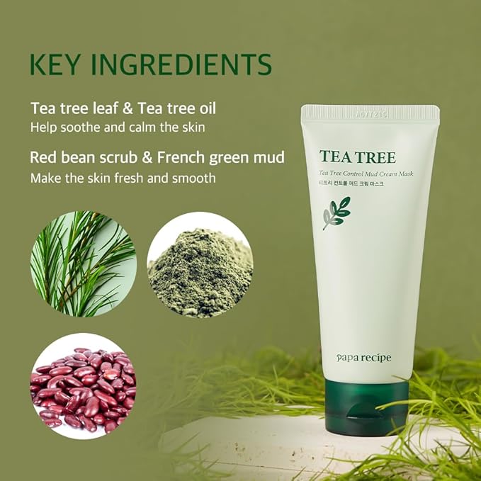 Papa Recipe Tea Tree Mud Mask – Kaolin & Bentonite Clay for Pore Care & Oil Control – Red Bean Exfoliation & Soothing Formula – Korean Skincare