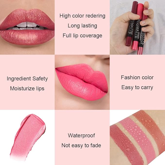 BINGBRUSH 3 Colors Longwear Lipstick Pack Set, Matte Color Stick Ultimate Lip Crayon for Makeup Collection - Nourishing Waterproof Velvet Lipgloss Lip Stain (01# 04# 07#)