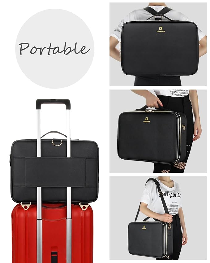 MONSTINA Large Makeup Travel Case Bag,Professional Makeup Artist Train Case with Brush organizer,Large Capacity Cosmetic Bag with Zipper Pocket and Adjustable Compartment(PU Leather Black)