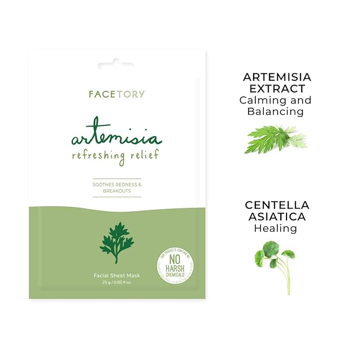 FACETORY K Beauty Face Mask Skin Care - ARTEMISIA REFRESHING RELIEF Sheet Mask with Artemesia Plant Extract | Soothes Redness & Breakouts (5 Pack)