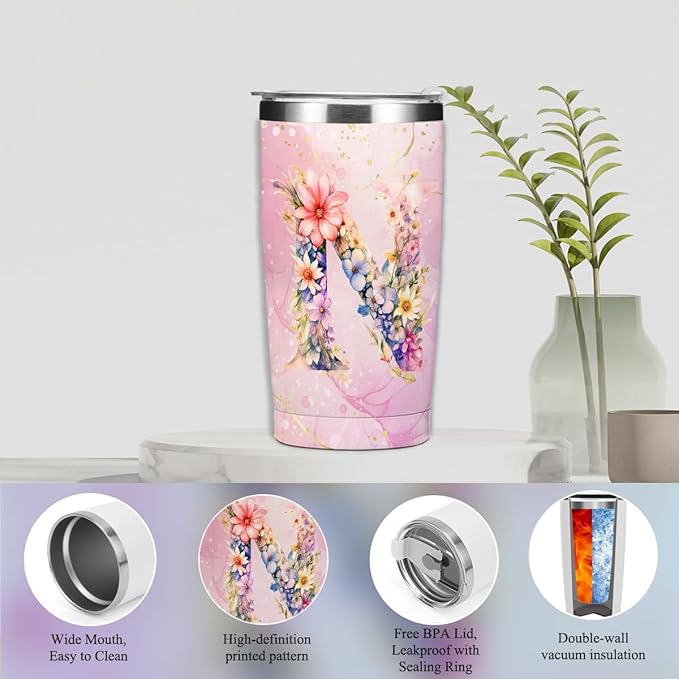 Personalized Gifts Monogrammed Birthday Gifts for Women, Colleague, Female Farewell Christmas, Initial 20 oz Tumbler, Makeup Cosmetic Bag Cup Pens Journal Notebook 6 Set, (Aesthetic Pink Flower N)