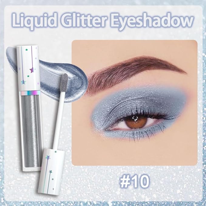 evpct Liquid Shimmery Glitter Eyeshadow Eyeliner, High Pigment Colored Metallic Eyeshadow Stick Eyeliner, Waterproof Long Lasting Sparkle Eye Makeup Set for Women, 10# Silver Grey