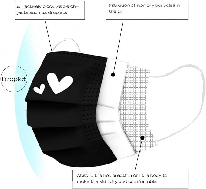 50pcs Cute Disposable Face Masks, Pink And Black Masks with Hearts Printed, 3-Ply Full Face Protection for Women Teen Girls