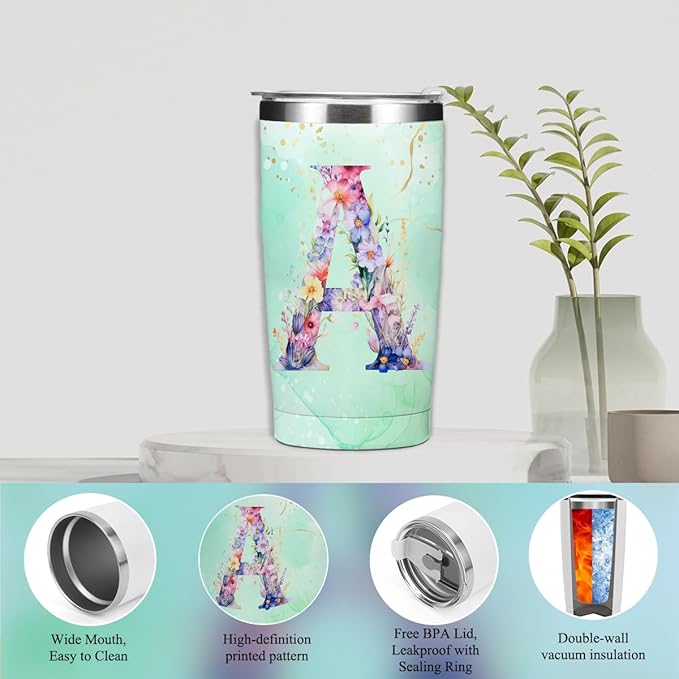 Personalized Gifts Monogrammed Birthday Gifts for Women, Bridesmaid Bachelorette Party Appreciation Christmas Initial 20 oz Tumbler, Makeup Bag Pens Journal Notebook 6 Set, (Aesthetic Green Flower A)