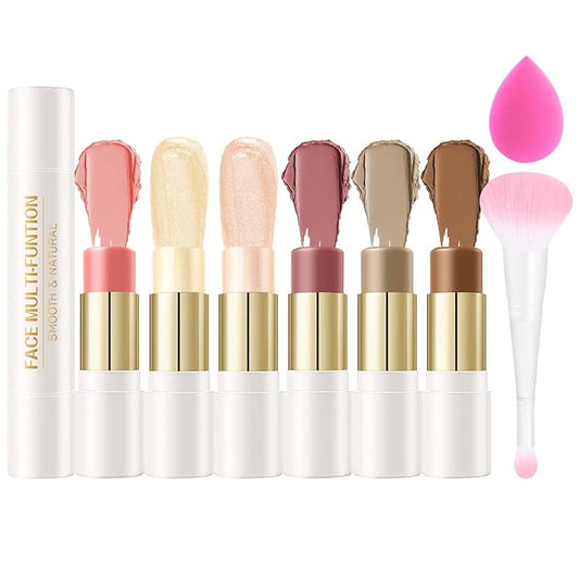 6 Colors Cream Contour Stick Set,Double-ended Cream Bronzer Stick,Highlighter Stick,Blush Stick,Professional Highlighter Makeup Contour Kit,Easy to Sculp Contorno Maquillaje๏ผSet A๏ผ