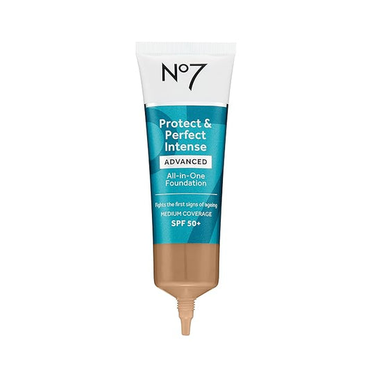 No7 Protect & Perfect Advanced All in One Foundation - Deep Honey - Light to Buildable Coverage - Hydrating Foundation with SPF 50 - Reduces Redness & Blurs Visible Pores (30ml)
