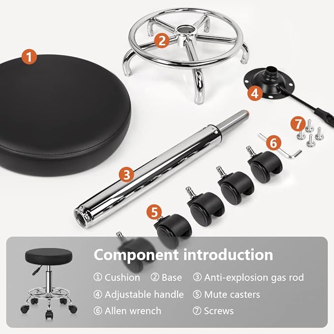 KKTONER PU Leather Round Rolling Stool with Foot Rest Swivel Height Adjustment Spa Drafting Salon Tattoo Work Office Massage Stools Task Chair Cushion 14 inches (Black)