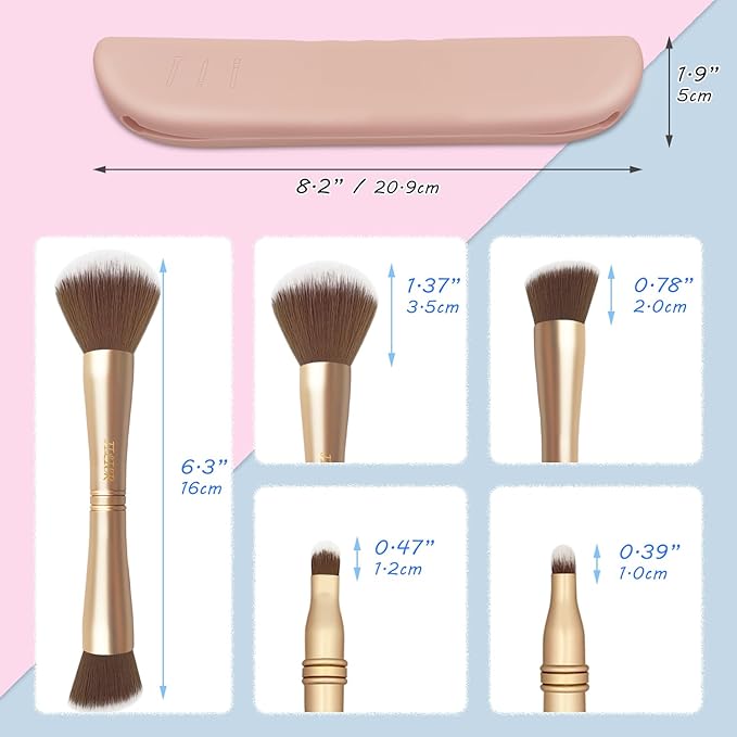 4 in 1 Makeup Brush Set, Travel Makeup Brushes with Case, Foundation Brush/Blush Brush, Eyeshadow Powder Brush,Concealer Brush (gold-silicon brush holder)