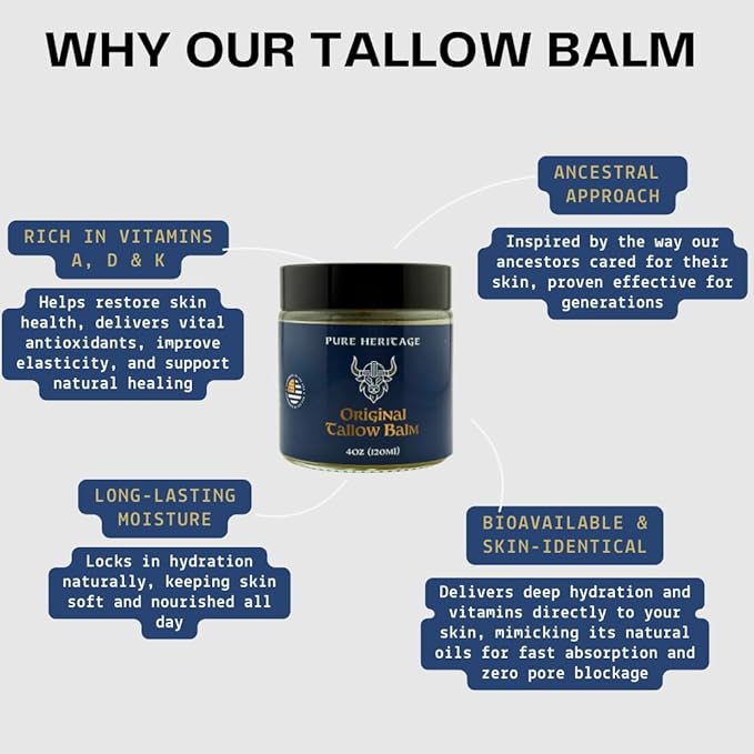 Pure Heritage Handmade Tallow Balm – Grass-Fed & Finished Moisturizer & Healing Cream with Frankincense & Cedarwood | Natural Care for Sensitive Skin, Eczema, Rosacea, Babies, Men & Women (4oz)