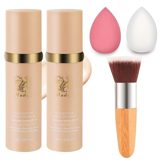 Foundation Light 4-in-1 Color-Shifting Spectrum Foundation Concealer, Long-Lasting, Skincare, Suitable for Various Skin Types, Set Includes Foundation Brush and Sponge (2 Pack)