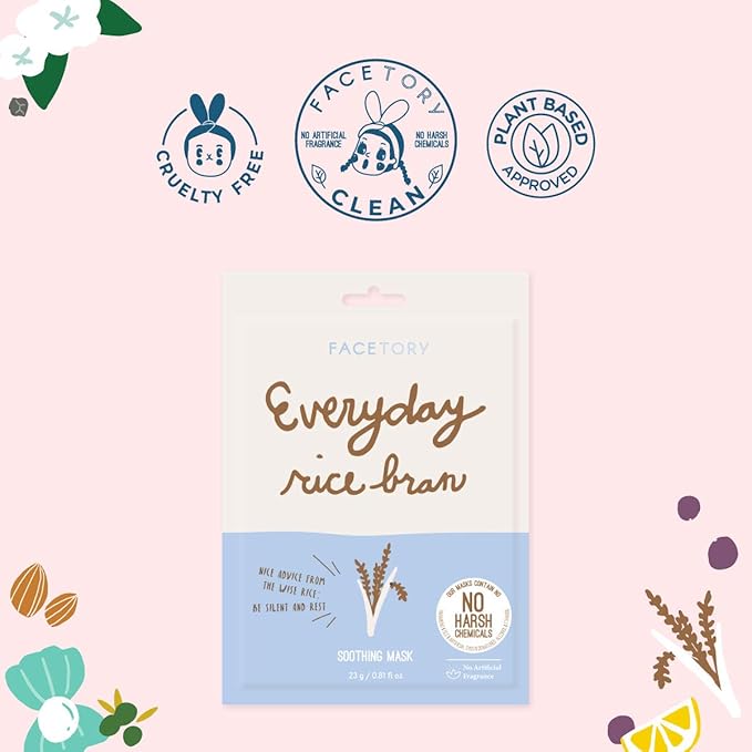 FACETORY K Beauty Face Mask Skin Care - Everyday RICE BRAN Soothing Sheet Mask | Plant-Based Rice Face Mask (10 Pack)
