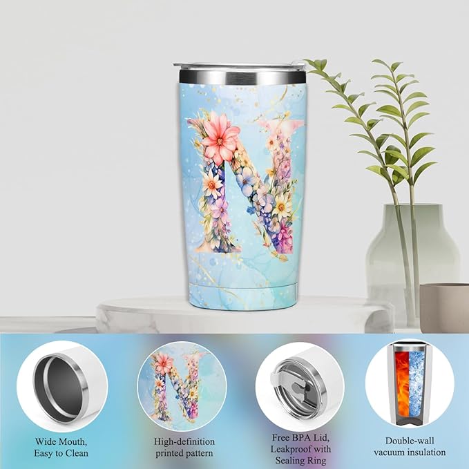 Personalized Gifts Monogrammed Birthday Gifts for Women, Colleague, Female Farewell Christmas, Initial 20 oz Tumbler, Makeup Cosmetic Bag Cup Pens Journal Notebook 6 Set, (Aesthetic Blue Flower N)