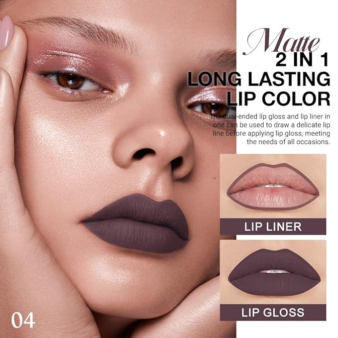 1Pcs 2 in 1 Deep Brown Matte Lip Liner and Liquid Lipstick Stain Makeup Set for women, Brown Long Lasting Smudge Proof Lip Tint Matte Finish Lip Gloss for All-Day Color Hold Easy to Use 04#