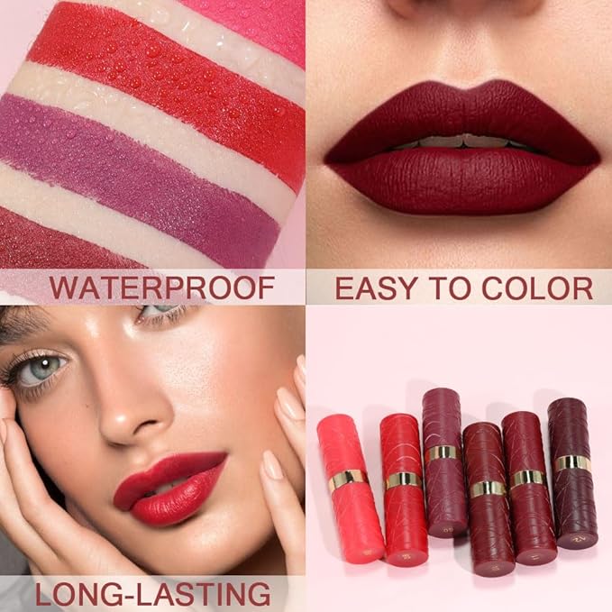 evpct 6Pcs Pink Dark Ruby Wine Red Plum Purple Matte Lipstick Sets for Women Velvet Lipstick Long Lasting Waterproof 24 Hours Lip Stick Stain Makeup Gift Set labiales mate 24 horas originales B