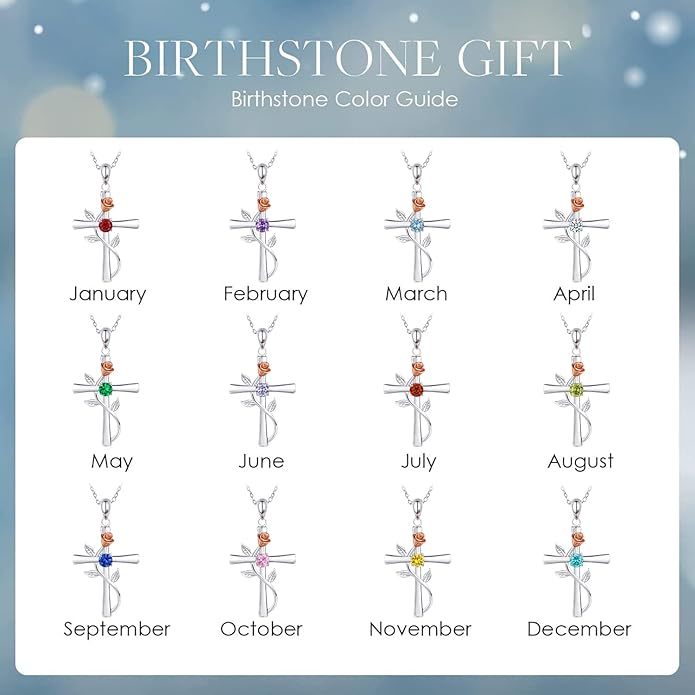 Cross Necklace for Women, 925 Sterling Silver Birthstone Necklace for Women with Rose Flower Birthstone Womens Jewelry Birthday Gifts for Wife Women