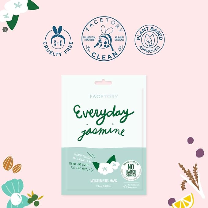FACETORY K Beauty Face Mask Skin Care - Everyday JASMINE Moisturizing Sheet Mask | Plant-Based with Jasmine Infusion (5 Pack)