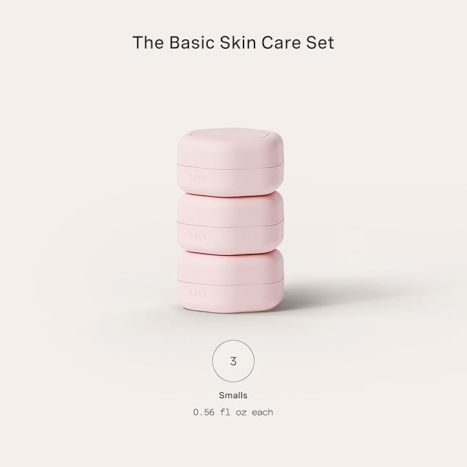 Cadence Travel Containers Basic Skincare Set - Magnetic Containers with Lids,Carry On Travel Essentials For Women/Men - 3 Small Capsules (0.56oz) - Cleanser, Moisturizer & Sun-Icon Labels - Petal