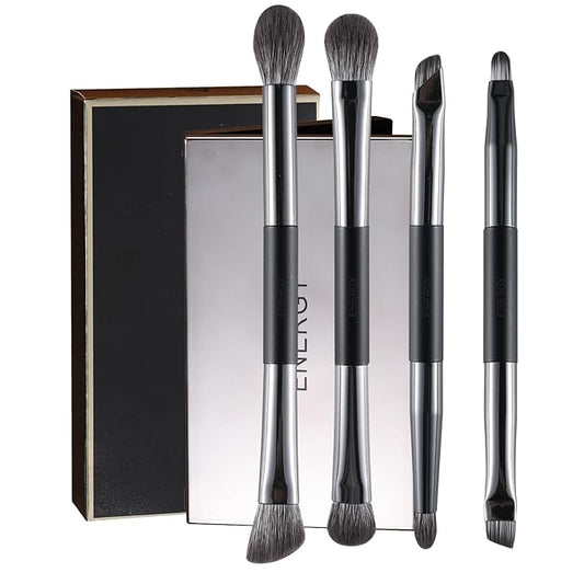ENERGY Travel Eye Makeup Brush Set Eyeshadow Eye Blending Eyeliner Under Eye Concealer Eye Brow Smudge Makeup Kit with Portable Compact Mirror Case Double ended Makeup Brushes 4PCS