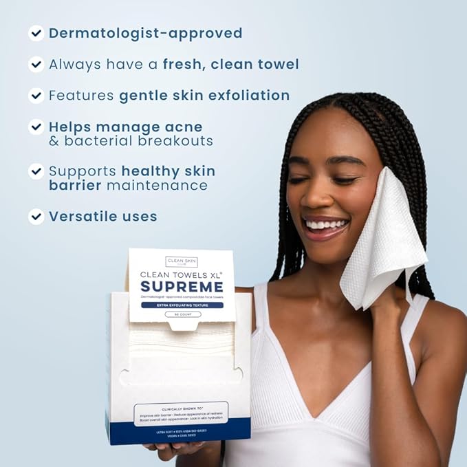 Clean Skin Club Clean Towels XL™ Supreme, 100% USDA Biobased Face Towel, Disposable Face Towelette, Eczema Association Accepted, Makeup Remover Dry Wipes, Ultra Soft, 50 Ct, 1 Pack