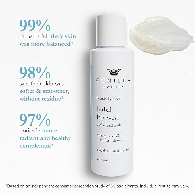 GUNILLA Herbal Face Wash - Very Gentle Daily Cream Cleanser for Dry, Normal, Sensitive Skin. Removes Dirt, Oil & Impurities. Plant-Based. Vegan. Natural. Concentrated 4.0 oz