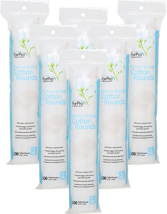 ForPro Premium Stitched Cotton Rounds, 100% Pure Cotton Pads for Removing Makeup, Nail Polish, and Cleansing Face, Pack of 6, Counts 600
