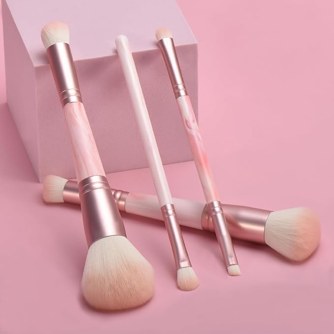 4PCS Pink Dual-Ended Makeup Brushes & Blending Sponge Set, Professional Foundation Concealer Eyeshadow Kabuki Brush with, for Liquid Powder Cream, Vegan & Cruelty-Free