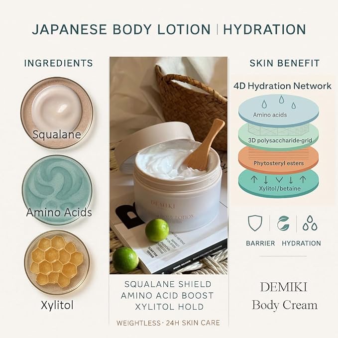 DEMIKI Body Lotion Moisturizer Skin Care with Squalane and Amino Acids - Japanese Body Lotion for Women, Beauty & Personal Care Body Cream, Perfume Moisturizer Skincare for Dry Skin 7.12fl.oz