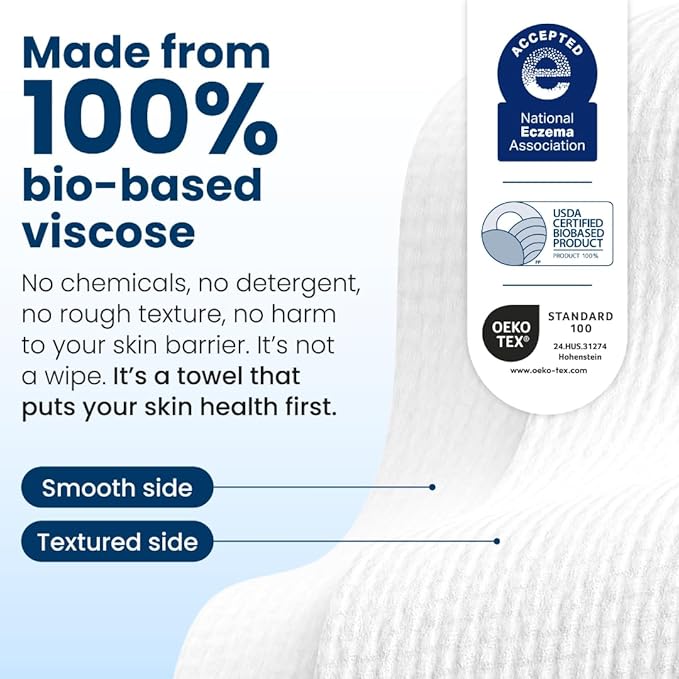 Clean Skin Club Clean Towels XL®, 100% USDA Biobased Face Towel, Disposable Face Towelette, Eczema Association Accepted, Makeup Remover Dry Wipes, Ultra Soft, 50 Count