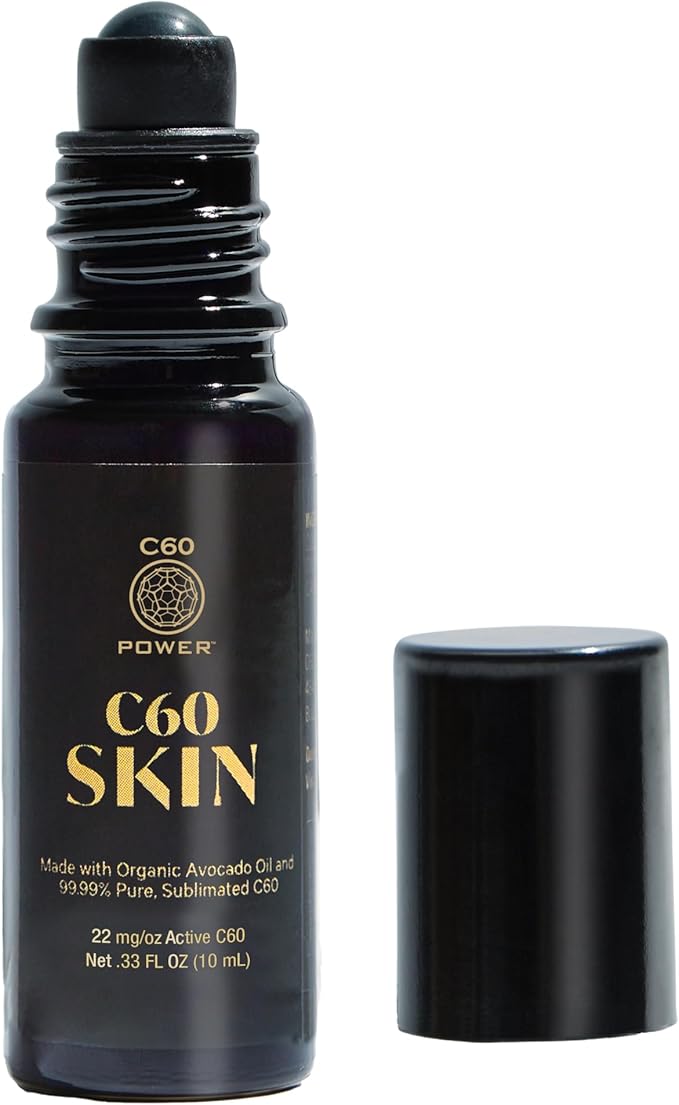 C60 Power Skin Roll On - Roller for Face, Hands & Body, Made with Organic Avocado Oil & 99.99% Pure Sublimated Carbon 60, Age Defying Skin Care, Natural Support for Wrinkles & Dry Patches - 0.33 fl oz