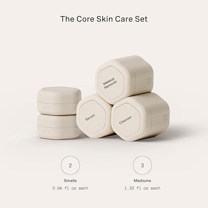 Cadence Travel Containers - Core Skincare Set - Magnetic Containers with Lids,2 Small (0.56oz) & 3 Medium (1.32oz) - Cleanser, Moisturizer, Serum, Makeup Remover & Sun Icon Labels - Sand