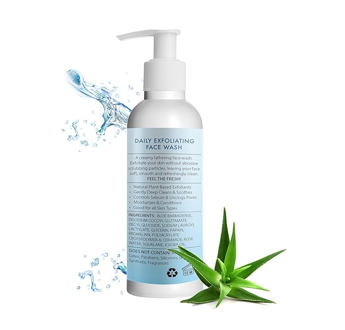 Exfoliating Face Wash; Natural Face Exfoliant. Let Natures Power Exfoliate, Smooth, Clear Pores & Hydrate. Aloe vera, Papaya & Pineapple Enzymes, Squalane, Vit. E & Ceramide. Glowing Skin = Confidence