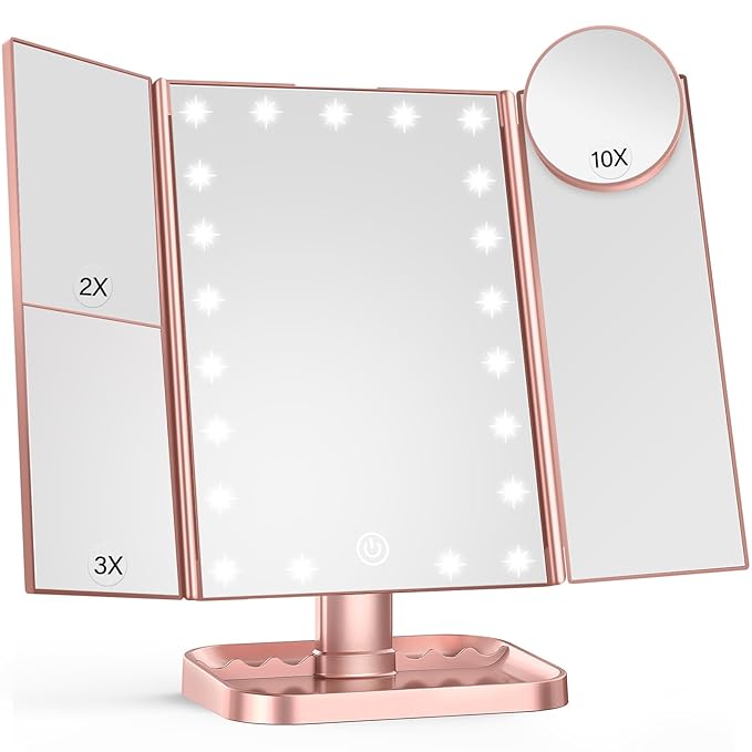 HUONUL Makeup Mirror, 10X 3X 2X Magnification, Lighted Makeup Mirror, Touch Control, Dual Power Supply, Portable LED Mirror, Women Gift (Rose Gold)