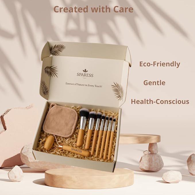 Self Care Unique Organic Spa Set for Teens, Women β Eco Friendly Box with Bamboo Makeup Brush, Wooden Jade Roller & Soft Face Towel β Natural Vegan Gift Box for Birthdays, Holidays & Relaxing Spa Day