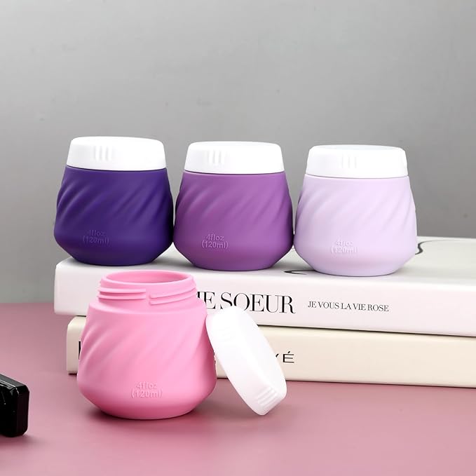 Gemice 4 OZ Travel Size Containers for Toiletries, 4-Pack Leak-Proof Silicone Slime Jars with Lids, BPA Free Small Round Cosmetic Slime Container for Lotion, Cream, Ointments, Travel Essentials