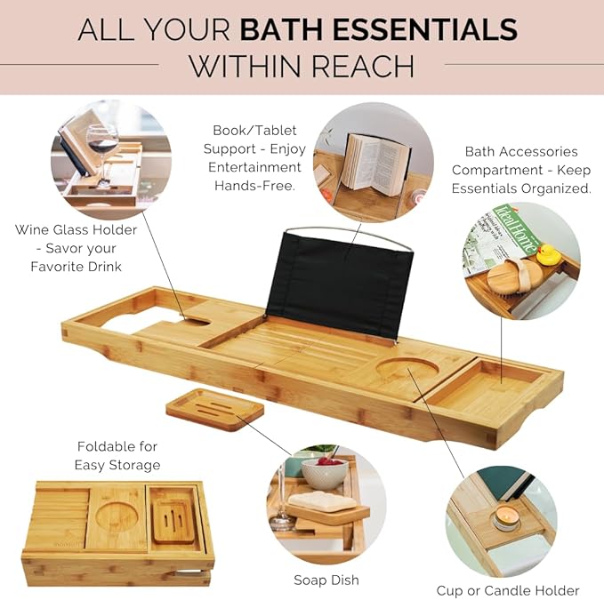 Foldable Bamboo Bathtub Tray Caddy - Expandable Bath Tray for Tub | Secure, Non-Slip Bathtub Caddy Tray for Tub for Bath Accessories, Bath Stuff β Perfect Relaxing Gifts for Women and Spa Gift Set