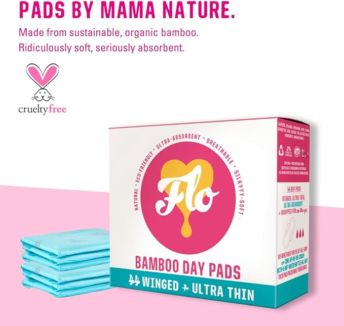 Flo Bamboo Day Period Pads with Wings (44 Pads) - Super Absorbent, Soft, Thin