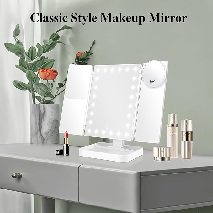 HUONUL Rechargeable Makeup Mirror with 3 Color Lights, 2000mAh Lighted Makeup Mirror, Magnetic 10X Magnifying Mirror, 360 Degree Rotation, Portable Vanity Mirror, Women Gift (Magnetic 10X-White)
