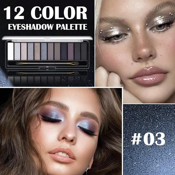 12 Colors Cool Tone Eyeshadow Palette – Matte, Shimmer & Glitter Gray Blue Eye Makeup Kit – Smokey Plum, Taupe, Lavender, Silver & Midnight Blue Shades – Waterproof, High Pigment Palette for Women 03#