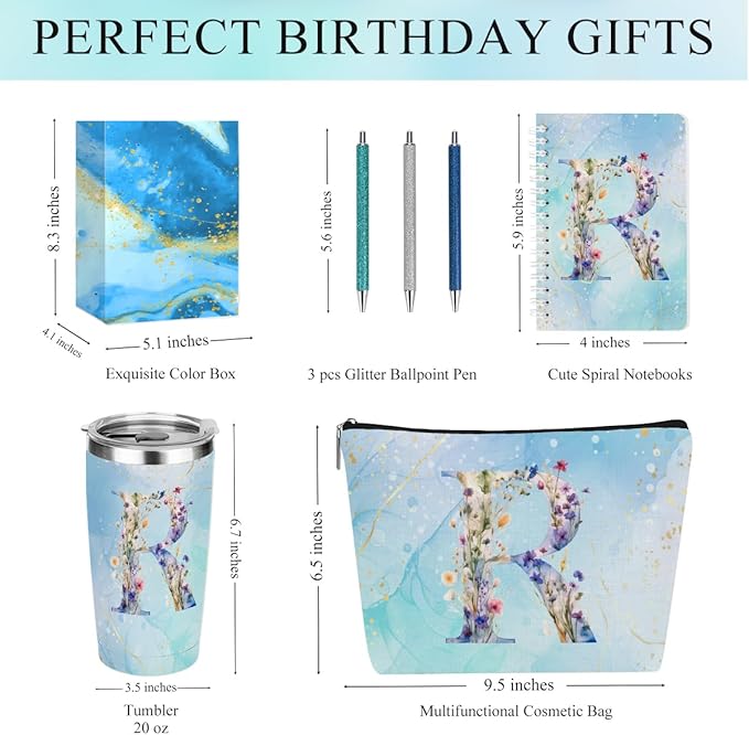 Personalized Gifts Monogrammed Birthday Gifts for Women, New Mom, Grandma Thank You Christmas, Initial 20 oz Tumbler, Makeup Cosmetic Bag Cup Pens Journal Notebook 6 Set, (Aesthetic Blue Flower R)