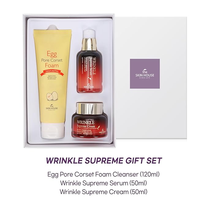 THE SKIN HOUSE Wrinkle Supreme Gift Set – 3-Step Korean Skincare Kit with Ginseng, Adenosine & Ceramide | Firming Cleanser, Wrinkle Serum & Nourishing Cream | Holiday Gift for Hot Weather