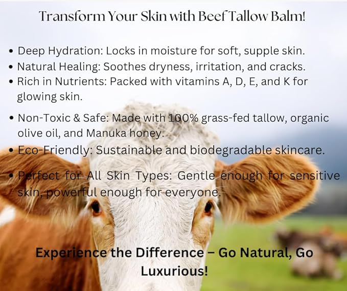 100% Grass-Fed Beef Tallow Balm For Skin Manuka Honey MGO 263+, Organic Beeswax & Olive Oil – Handmade All-Natural Skincare for Soft, Smooth Skin (2oz, Unscented + Moringa oil)