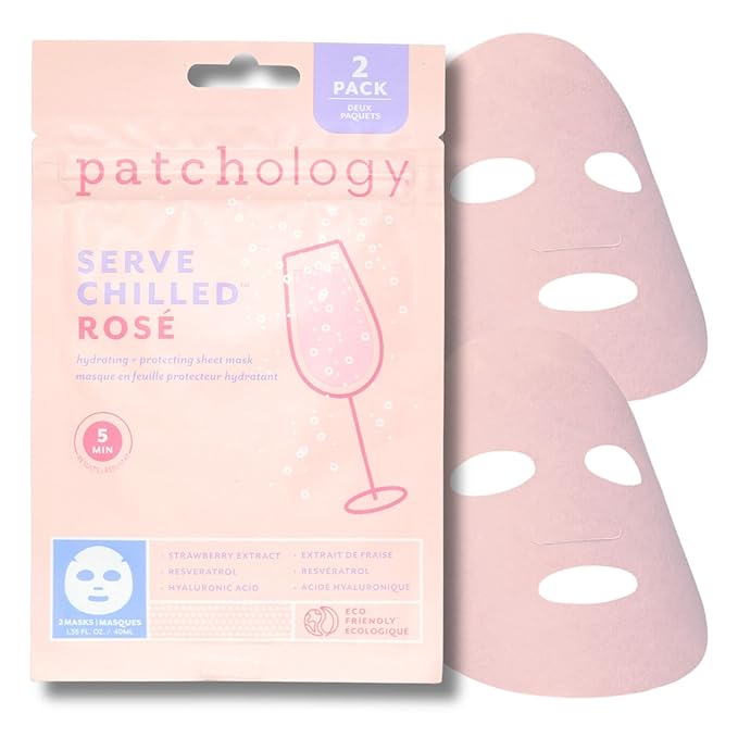 Patchology Serve Chilled Rosé Facial Sheet Mask - Hydrating & Soothing Face Mask with Hyaluronic Acid for Glowing Skin, Rosé Scented Skin Care Treatment, Self-Care Spa Experience at Home - 2 Pairs