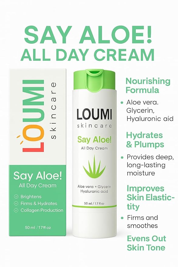 LOUMI Skincare Say Aloe All-Day Face Cream | Hydrating Aloe Vera & Hyaluronic Acid Moisturizer | Nourishes, Soothes & Softens Dry Skin | Natural, Vegan & Cruelty-Free | 1oz