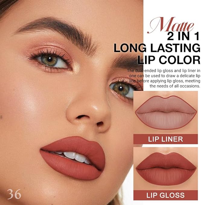 1Pcs 2 in 1 Reddish Brown Matte Lip Liner and Liquid Lipstick Stain Makeup Set for women, Long Lasting Smudge Proof Lip Tint Matte Finish Lip Gloss for All-Day Color Hold Easy to Use 36#