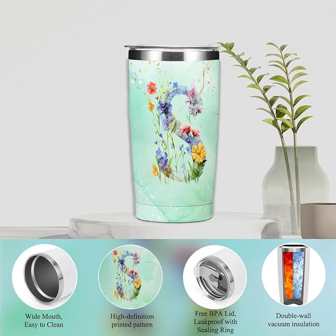 Personalized Gifts for Women Monogrammed Birthday Gifts for Women, Wife Girlfriend Christmas, Initial 20 oz Tumbler, Makeup Cosmetic Bag Cup Pens Journal Notebook 6 Set, (Aesthetic Green Flower S)
