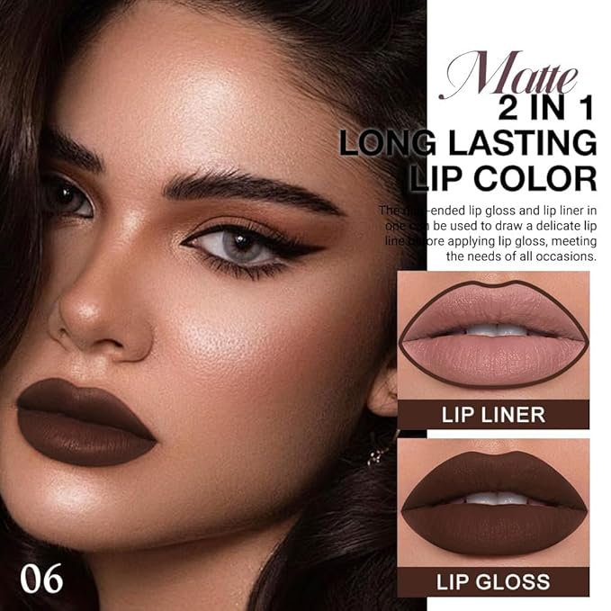 1Pcs 2 in 1 Dark Deep Brown Chocolate Matte Lip Liner and Liquid Lipstick Stain Makeup Set for women, Long Lasting Smudge Proof Lip Tint Matte Finish Lip Gloss for All-Day Color Hold Easy to Use 06#