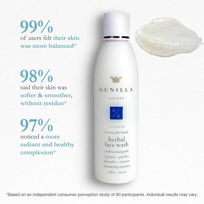 GUNILLA Herbal Face Wash - Very Gentle Daily Cream Cleanser for Dry, Normal, Sensitive Skin. Removes Dirt, Oil & Impurities. Plant-Based. Vegan. Natural. Concentrated 6.7 oz